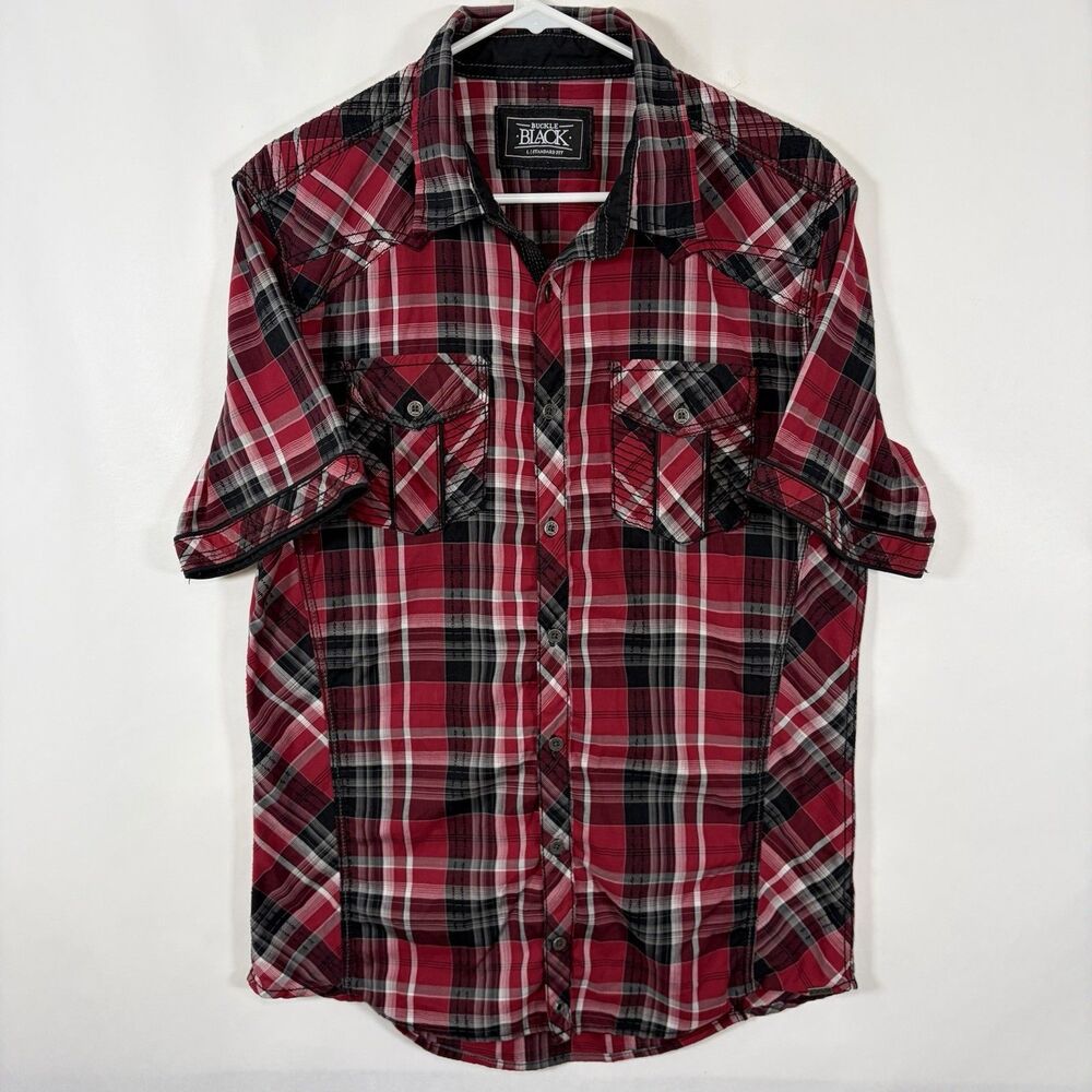 Buckle Black Standard Fit Short Sleeve Button Up Shirt Mens Large Red Plaid